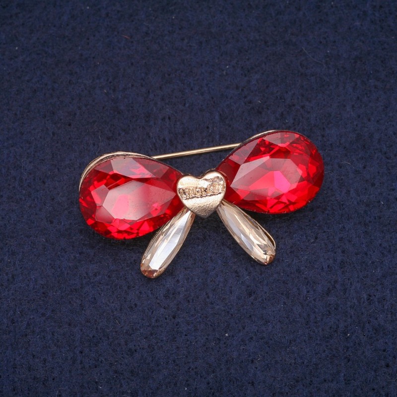Broșă fundă cu cristale, metal auriu 20x38mm