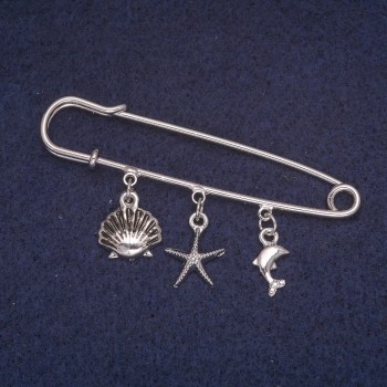 Broșă-pin cu pandantive marine, metal argintiu, 13x60 mm