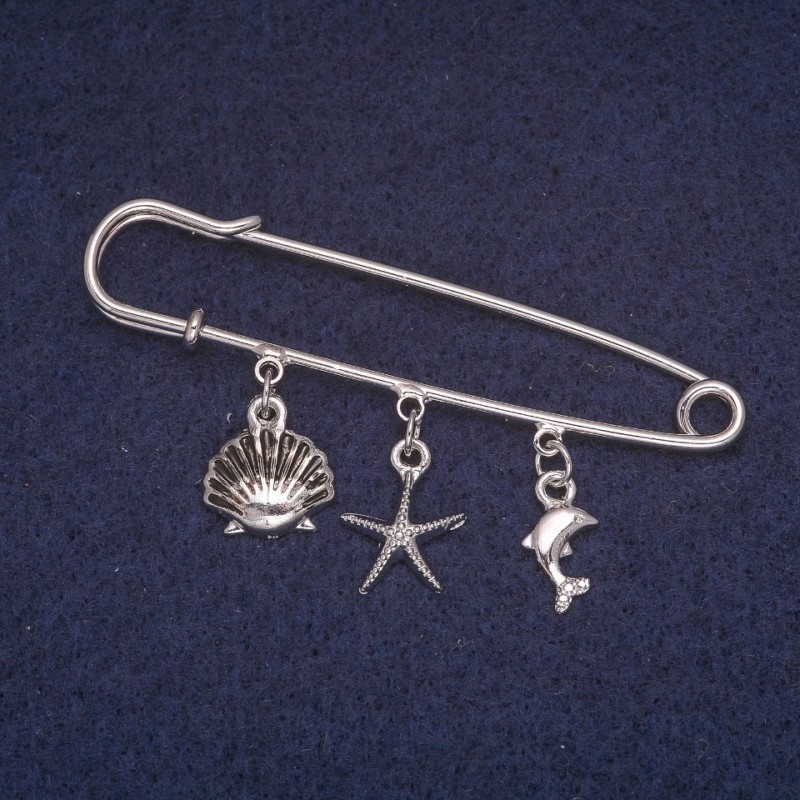 Broșă-pin cu pandantive marine, metal argintiu, 13x60 mm
