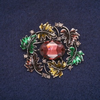 Broșă Frunzulițe email cu cristal, metal gri 39×43 mm +