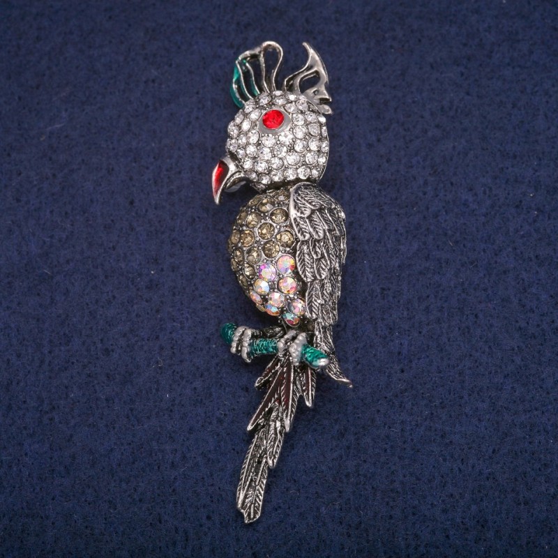 Broșă «Papagal Kakadu» 7×1,5 cm din metal gri