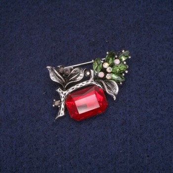 Брошка Гілочка з червоними і зеленими кристалами і стразами, сірий метал 25х34мм