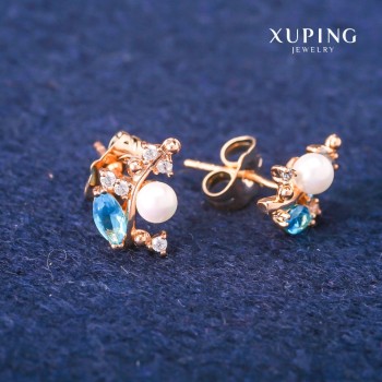 Cercei cu știft Xuping, cu cristale albastre și perle Mallorca, diametrul 8×13 mm, placare cu aur 18K