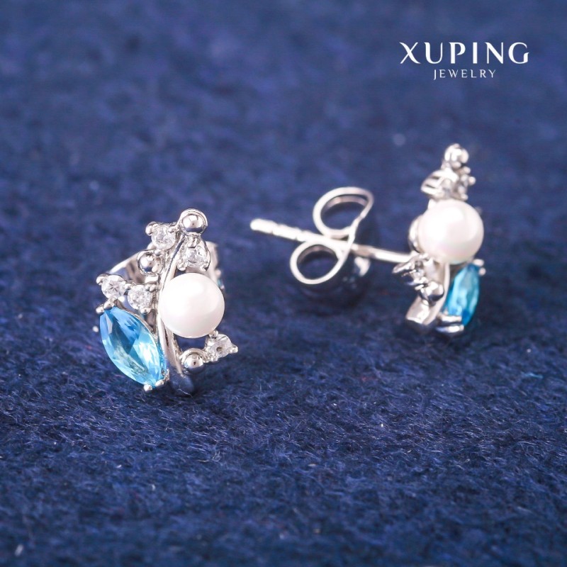 Cercei cu știfturi Xuping cu cristale albastre și Perla Majorka, diametrul 8×13 mm, rodiu