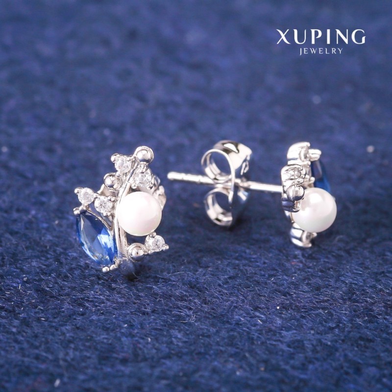 Cercei cu știft Xuping, cu cristale albastre și perle Mallorca, diametrul 8×13 mm, rodiu