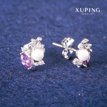 Cercei cu știft Xuping cu cristale mov și perle Majorca, diametrul 8x13 mm, rodiu
