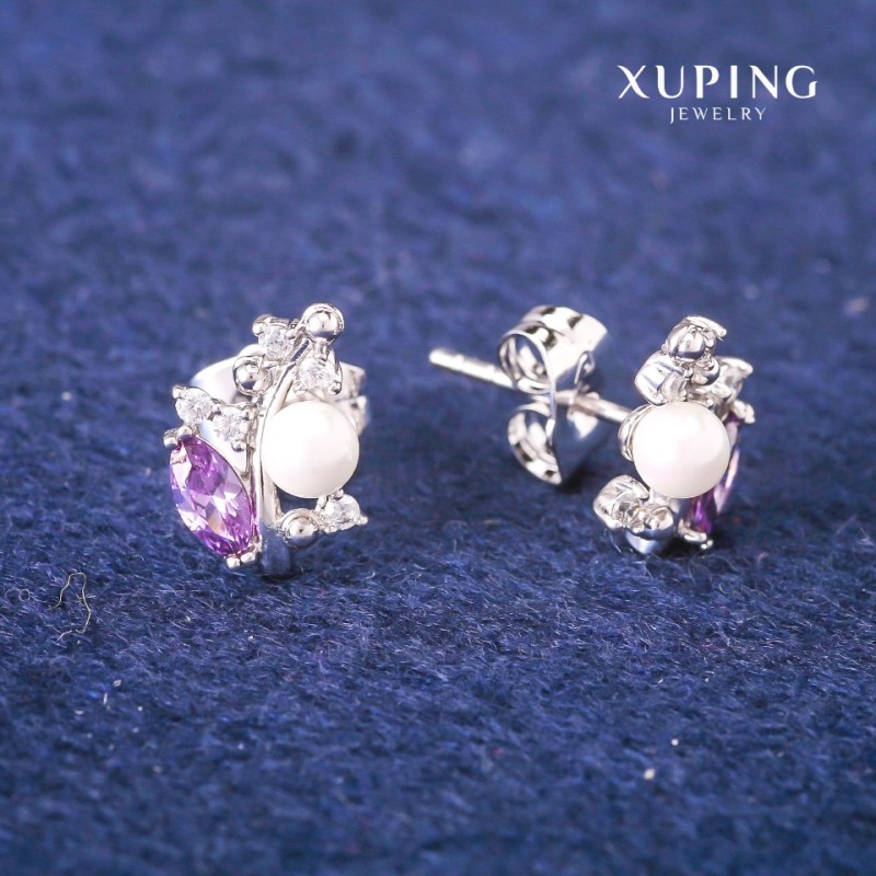 Cercei cu știft Xuping cu cristale mov și perle Majorca, diametrul 8x13 mm, rodiu