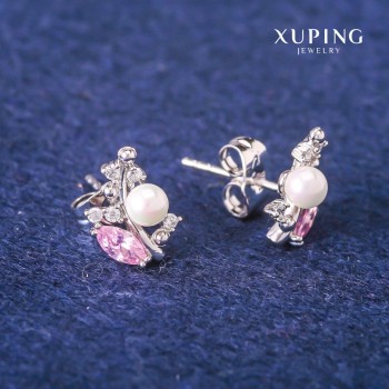 Cercei cu știfturi Xuping, cristale roz și perlă Mallorca, diametrul 8×13 mm, rodiu