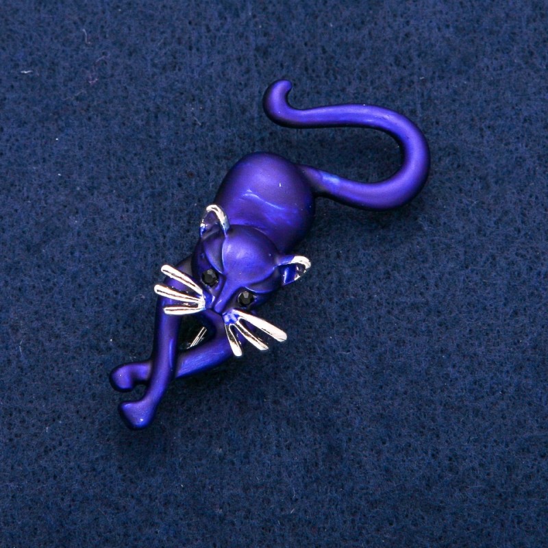 Broșă Pisicuță email albastru, metal argintiu 25x55mm