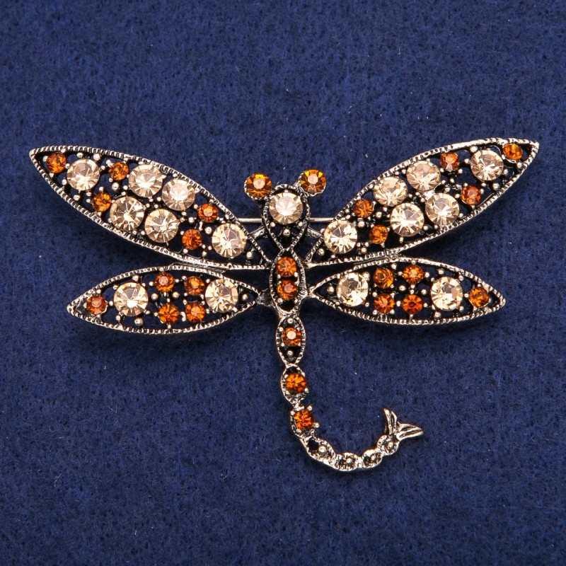 Broșă în formă de libelulă, cu cristale galbene, metal auriu, 45×74 mm