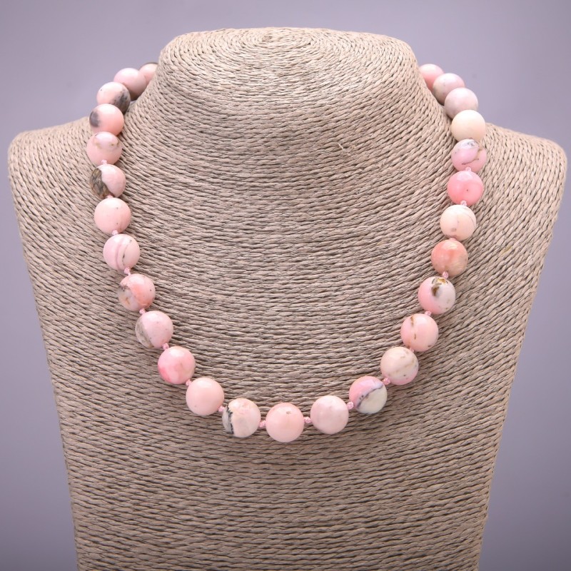 Colier din piatră naturală opal roz, mărgele lucioase, diametrul de 12 mm, lungime 45 cm