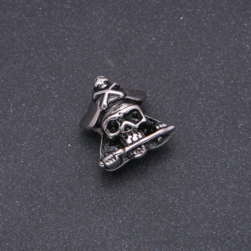 Inserție pentru mărgele, grosime din oțel, în stil Pandora, Craniu pirat 17x22 mm, diametrul interior 8 mm, metal argintiu