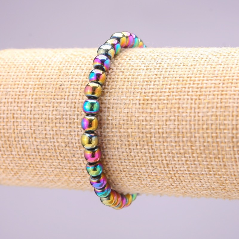Brățară din hematit cu acoperire cu benzină pe elastic, mărgele netede de 6 mm, lungime 18 cm