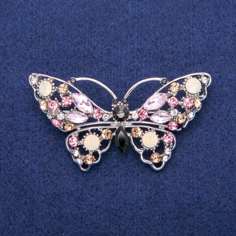 Broșă fluture încrustată cu cristale, 35×68 mm, metal argintiu