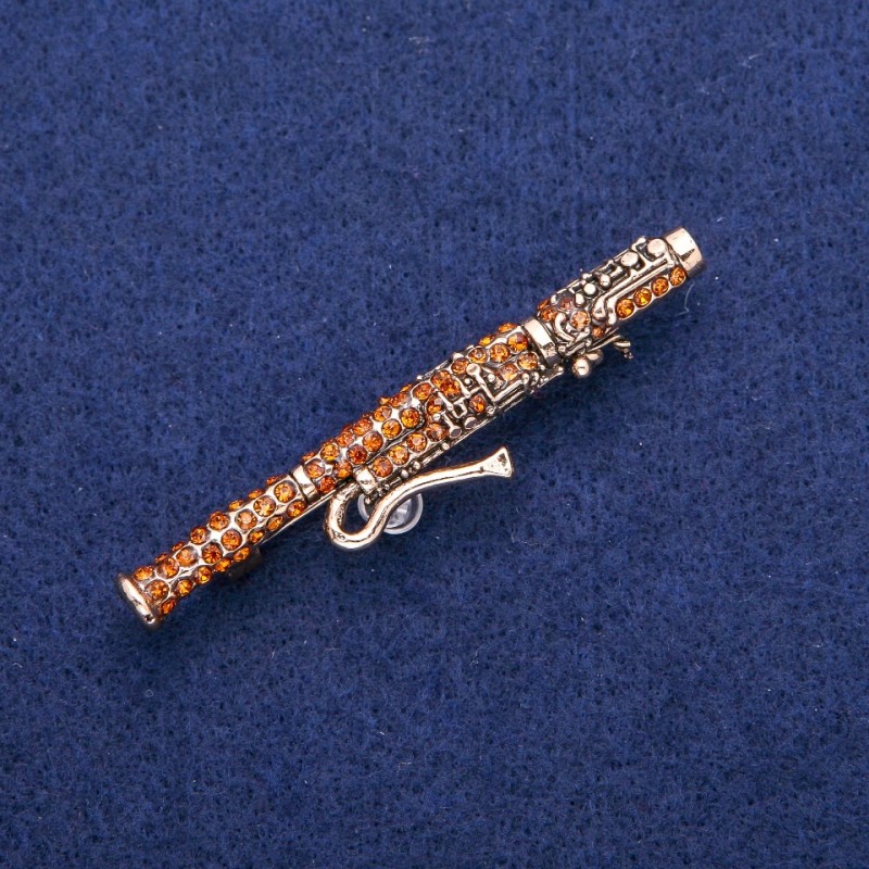 Broșă fagot cu strasuri galbene, 12×62 mm, metal auriu