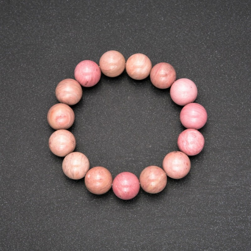 Brățară din rodonit natural, mărgele lucioase rotunde, diametrul aproximativ 13 mm, lungime 18 cm, pe elastic