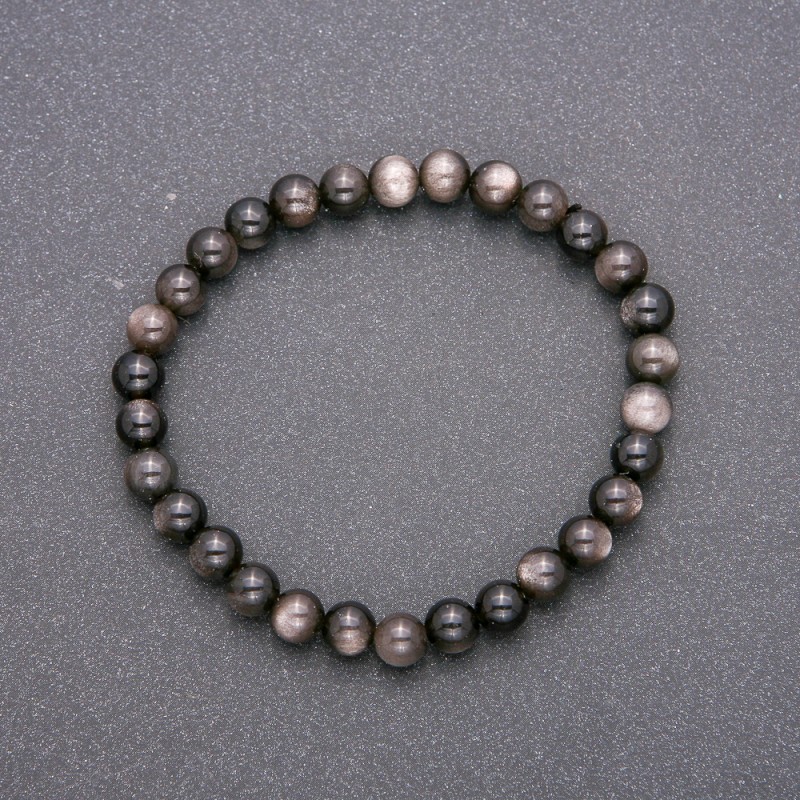 Brățară din piatră naturală obsidian argintiu pe elastic, bile netede, diametru 6 mm (±), lungime 18 cm