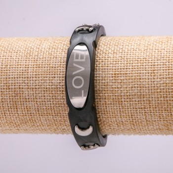 Brățară cu inserții metalice, lungime 21 cm, grosime 15 mm, cauciuc, culoare neagră, cu închidere