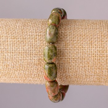 Brățară din piatră naturală – jasper heliotrop, formă de butoi, pe elastic, 10x14 mm, circumferință 18 cm