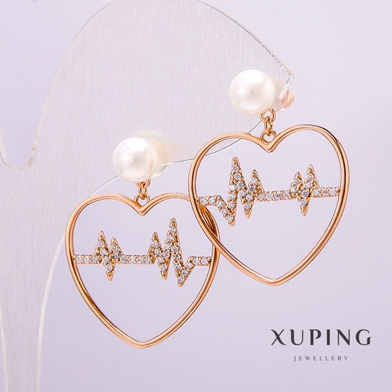 Cercei Xuping cu placare aur 18K, perlă Mallorca de 6 mm și strasuri albe de 26x21 mm