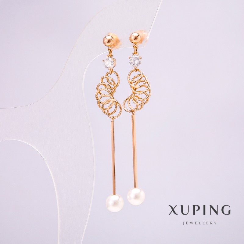 Cercei Xuping cu placare aur 18K, perlă Mallorca de 8 mm și piatră albă, lungime 77 mm +