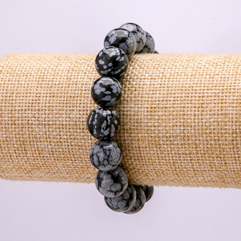 Brățară din piatră naturală Obsidianul zăpezilor „Lacrimile Apache-lor”, mărgele lucioase, diametrul 12 mm, lungime 18 cm