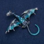 Broșă-colier Dragon, metal argintiu cu email albastru și strasuri albastre petrol, 90x78mm +