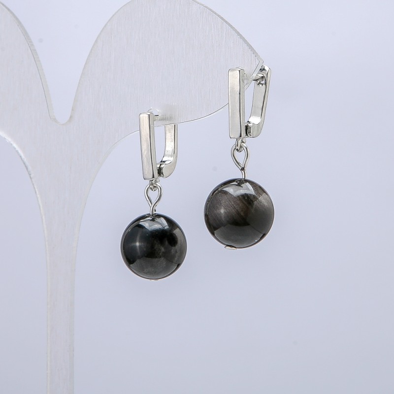 Cercei din obsidian argintiu, diametrul de 12 mm, lungimea de 30 mm +