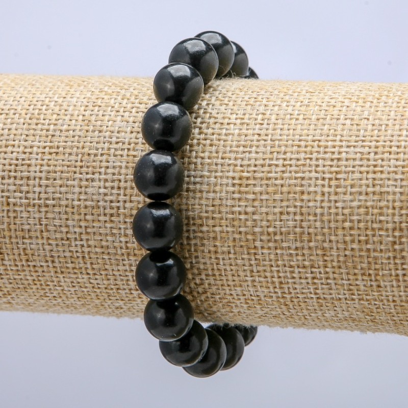 Brățară pe elastic din piatră naturală, mărgele netede de șungit, diametrul 10 mm, lungime 18 cm +