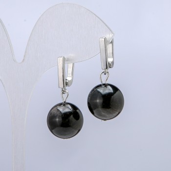 Cercei din obsidian argintiu, diametrul 14 mm, lungime 32 mm