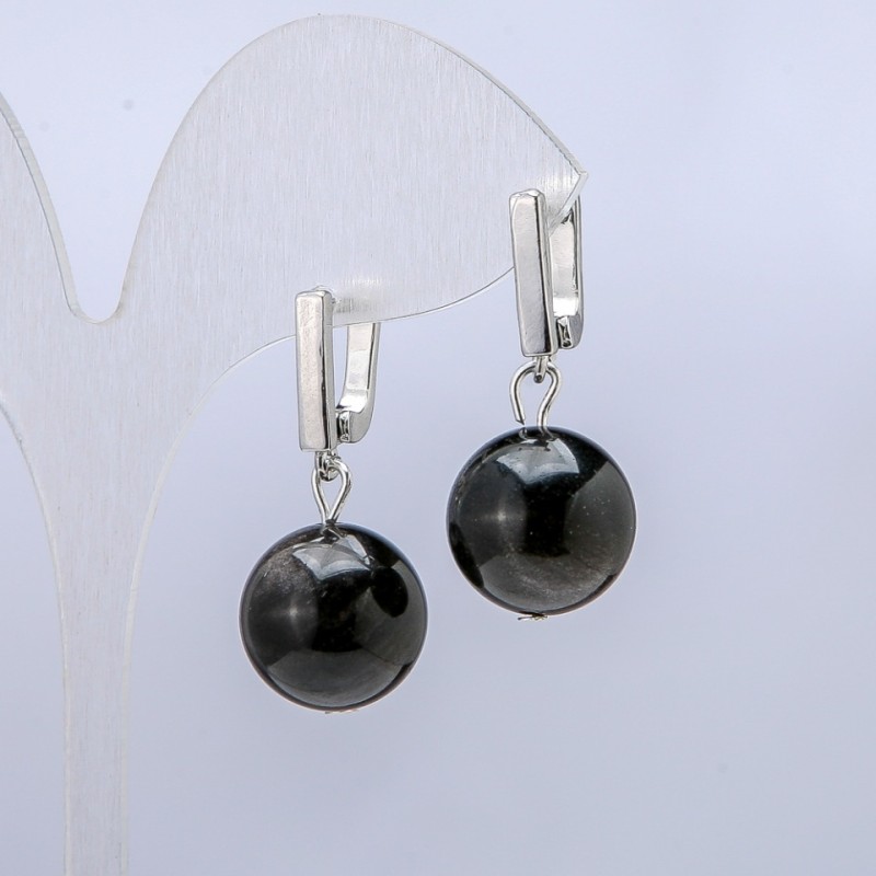 Cercei din obsidian argintiu, diametrul 14 mm, lungime 32 mm