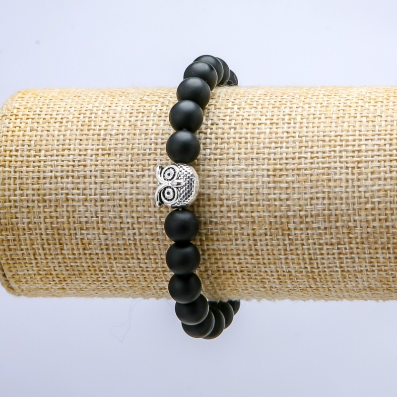 Brățară elastică din șungit (artificial), diametrul 8 mm, bufniță, lungime 18 cm
