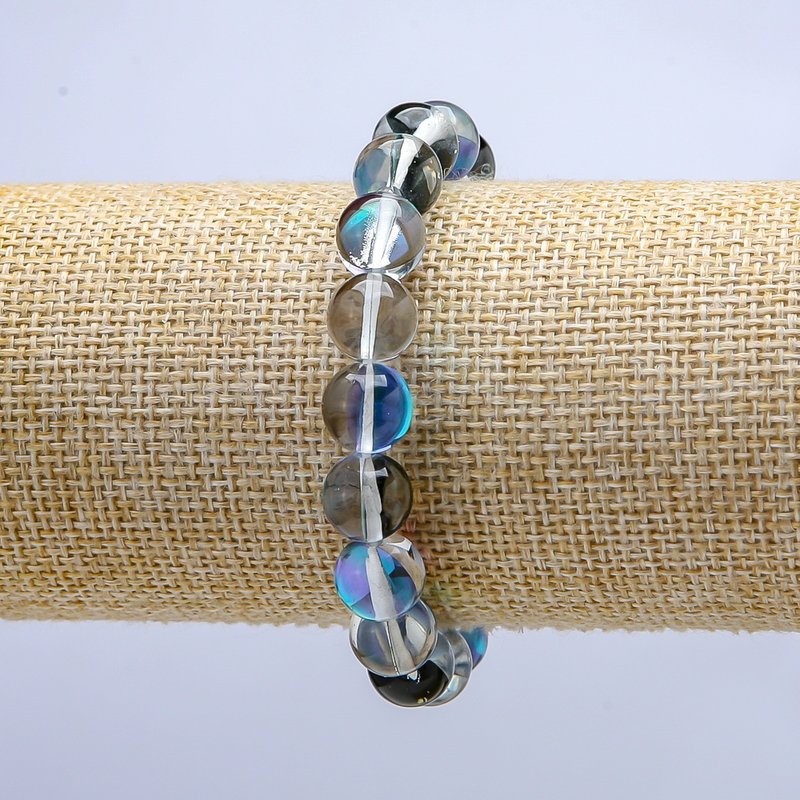 Brățară din sticlă opală albastră, cu efect camaleon, pe elastic, mărgele netede, diametrul 10 mm, lungimea 18 cm
