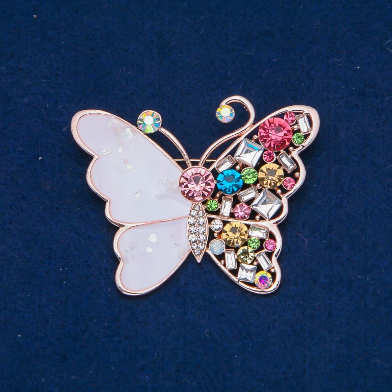 Broșă Fluture din metal auriu, email, strasuri multicolore, 47×58 mm