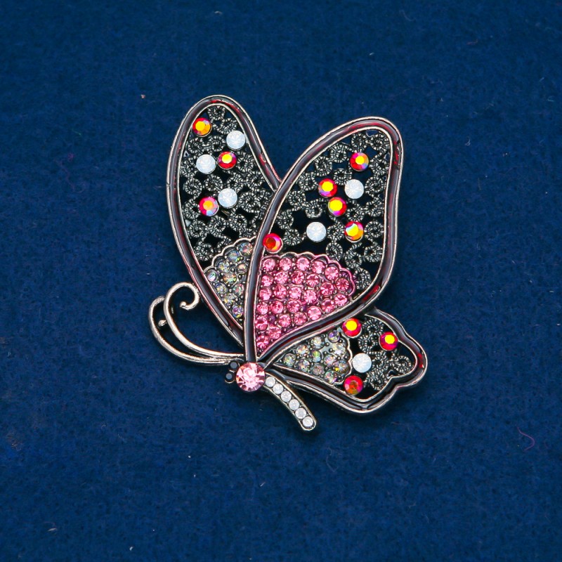 Broșă «Fluture» din metal auriu, cu strasuri colorate, 50×60 mm +