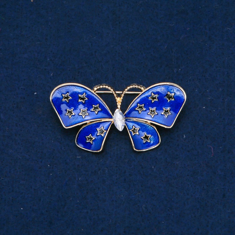 Broșă «Fluture» din metal auriu, email și stras alb, 48x24 mm +
