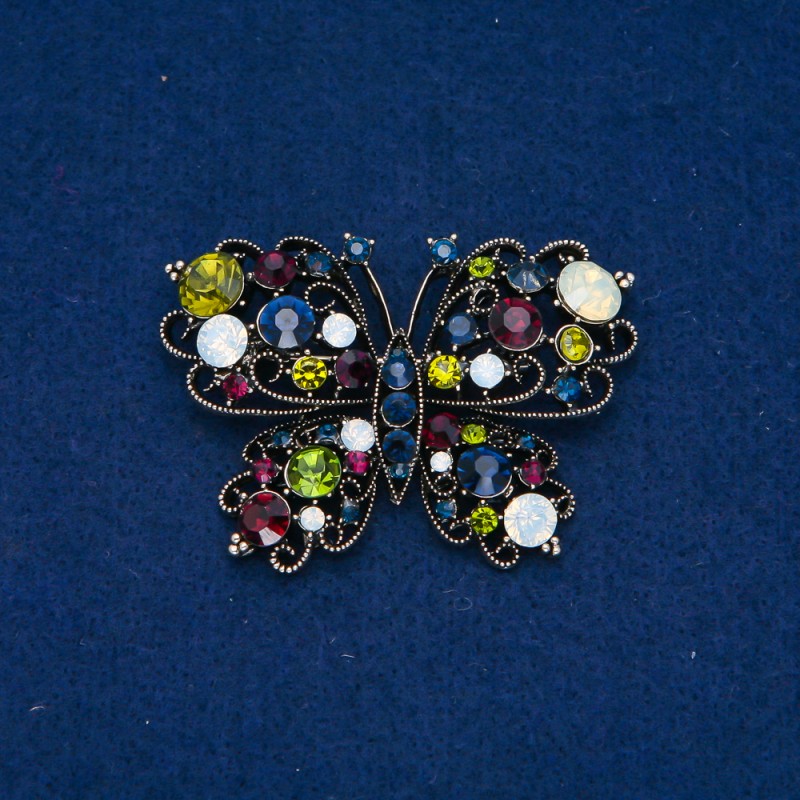 Broșă cu fluture, metal auriu închis, strasuri albe, 38×54 mm +