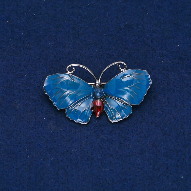 Broșă fluture argintiu, email, stras albastru, 48×27 mm +
