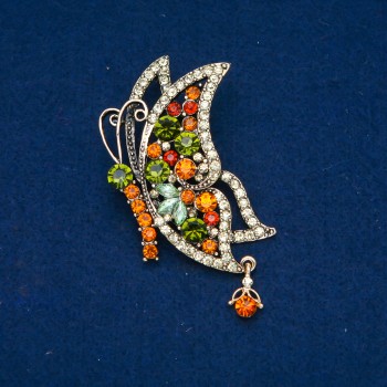 Broșă fluture din metal auriu, cu strasuri verzi și galbene, 38×60 mm +