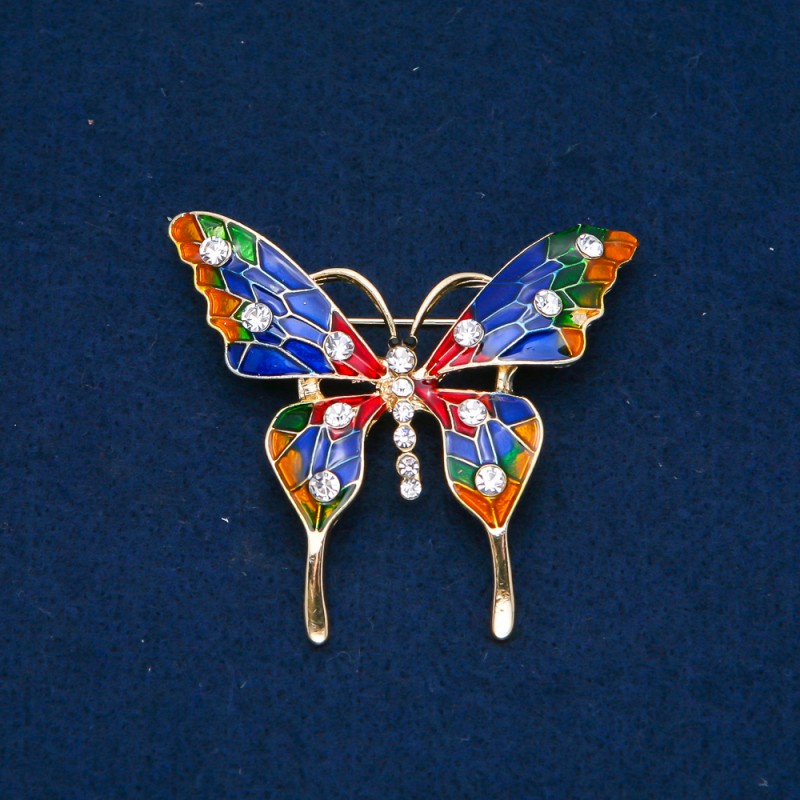 Broșă fluture auriu, din metal, email și strasuri albe, 48x54 mm +