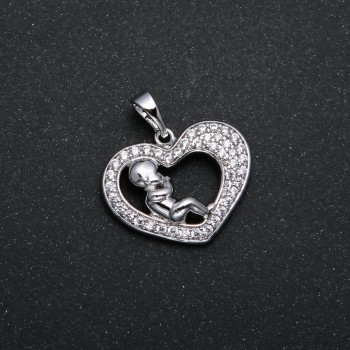 Pandantiv Xuping rodiu inimă cu bebeluș, cu strasuri albe, diametru 23x21 mm +