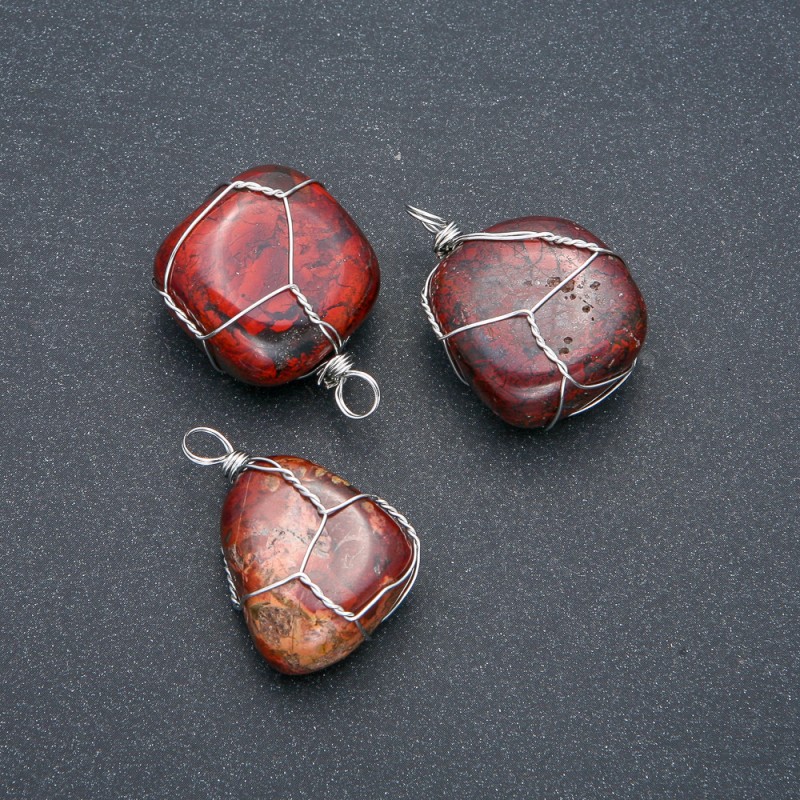 Pandantiv în înfășurare argintie din jasper roșu natural, diametrul 32×22 mm+