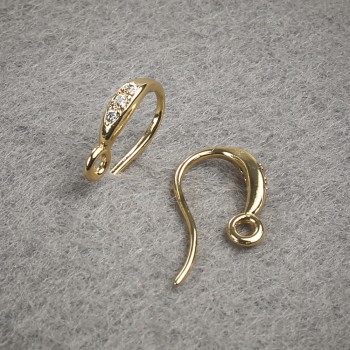 Швензи для сережок з білими стразами, жовтий метал 14х2, 5мм пара