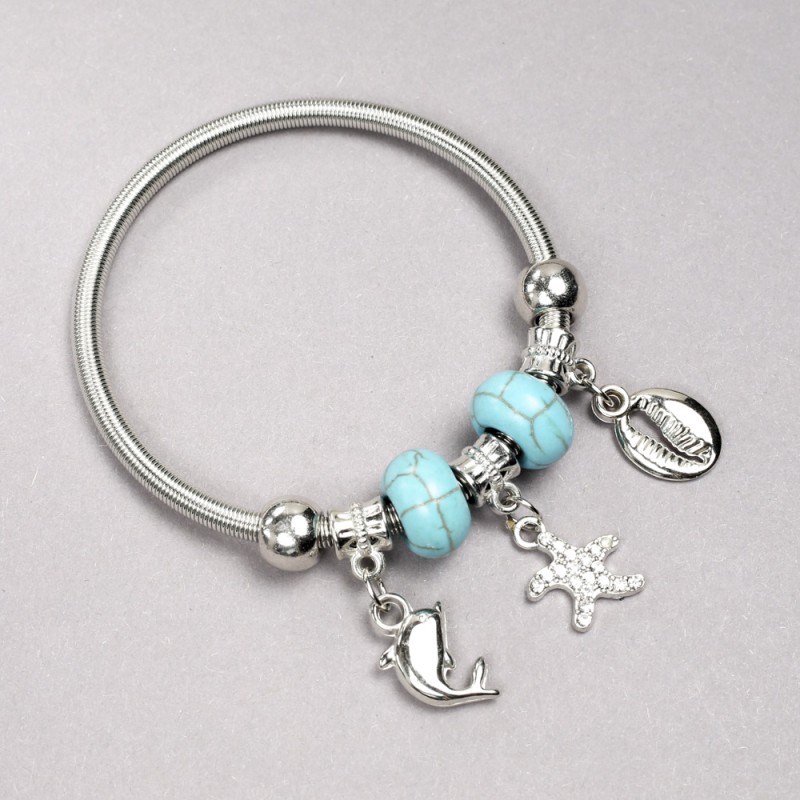 Brățară Pandora cu mărgele turcoaz sintetice (diametrul 14×8 mm ±) și pandantive cu strasuri albe