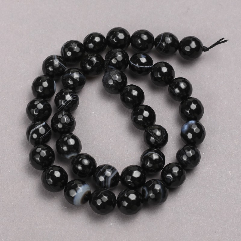 Mărgele pe șnur din agat negru, bile facetate, diametrul 10 mm +/-, lungimea 38 cm +/-