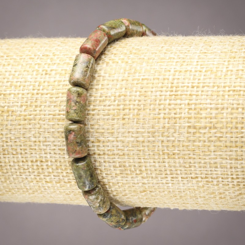 Brățară pe elastic din piatră naturală jasper, heliotrop și unakit, cilindru neted, diametru 10×6 mm+