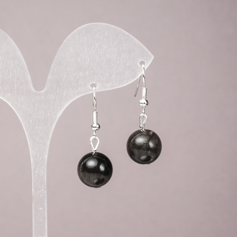 Cercei din obsidian argintiu, bilă netedă, diametrul 12 mm, lungimea 33 mm