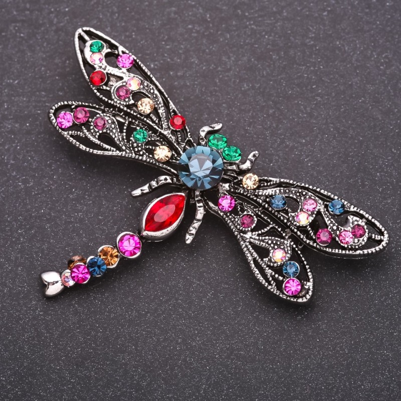 Broșă fluture cu cristale multicolore, 70×45 mm, metal gri