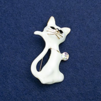 Broșă «Pisicuță» din metal auriu, email și cristal 50×30mm +