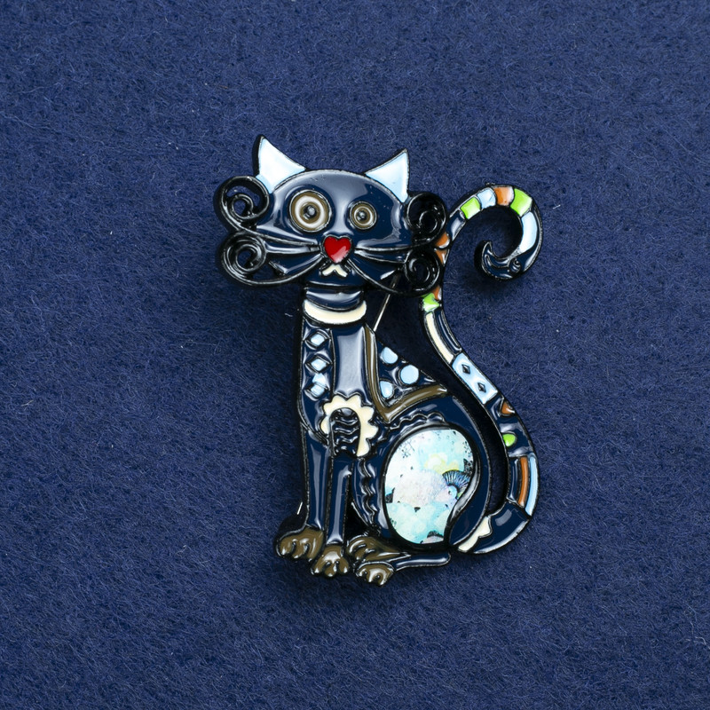 Broșă pisicuță din metal argintiu și email, 47×37 mm +